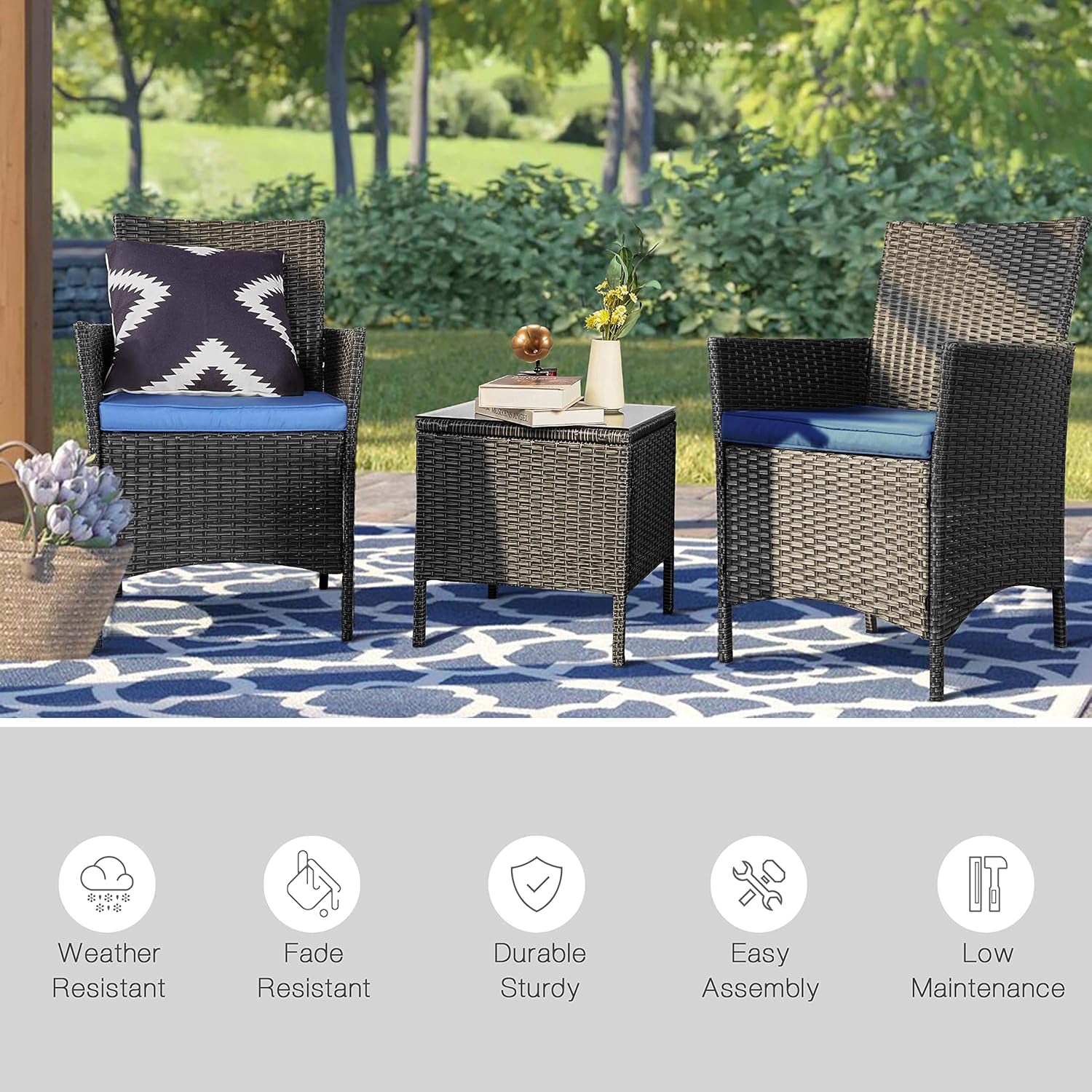 3 Piece Patio Furniture Set, Outdoor PE Rattan Wicker Chairs with Soft Cushion and Coffee Table, Conversation Set for Yard Backyard Lawn Porch Poolside Balcony, Black/Blue