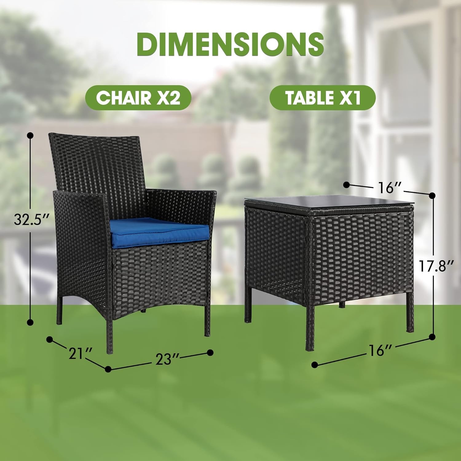 3 Piece Patio Furniture Set, Outdoor PE Rattan Wicker Chairs with Soft Cushion and Coffee Table, Conversation Set for Yard Backyard Lawn Porch Poolside Balcony, Black/Blue