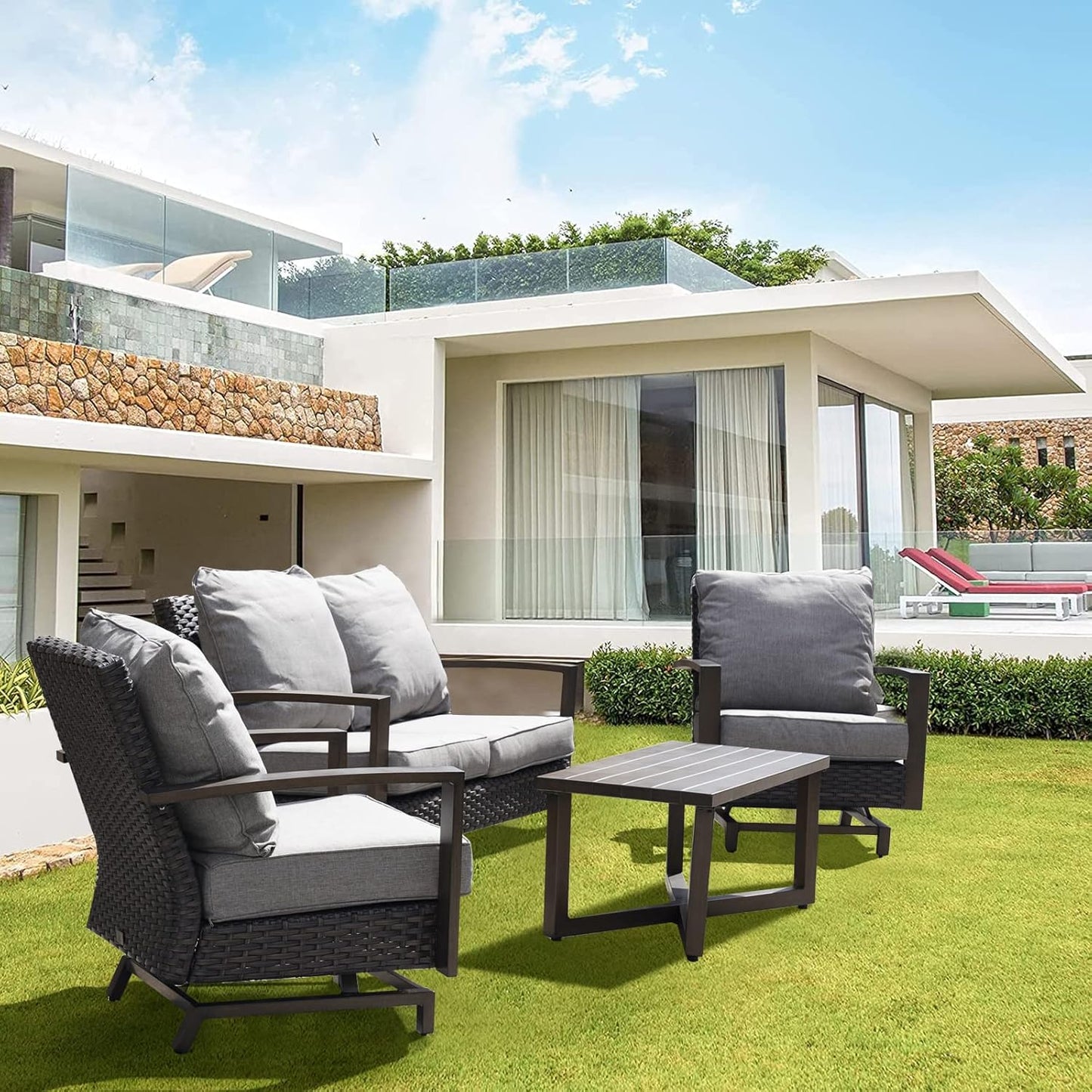 Outdoor 4-Piece Conversation Sofa Set All-Weather Wicker Furniture Sets with Coffee Table and 2 Glide Motion Rockers, Aluminum Frame with Wood Grain Finish, Dark Brown