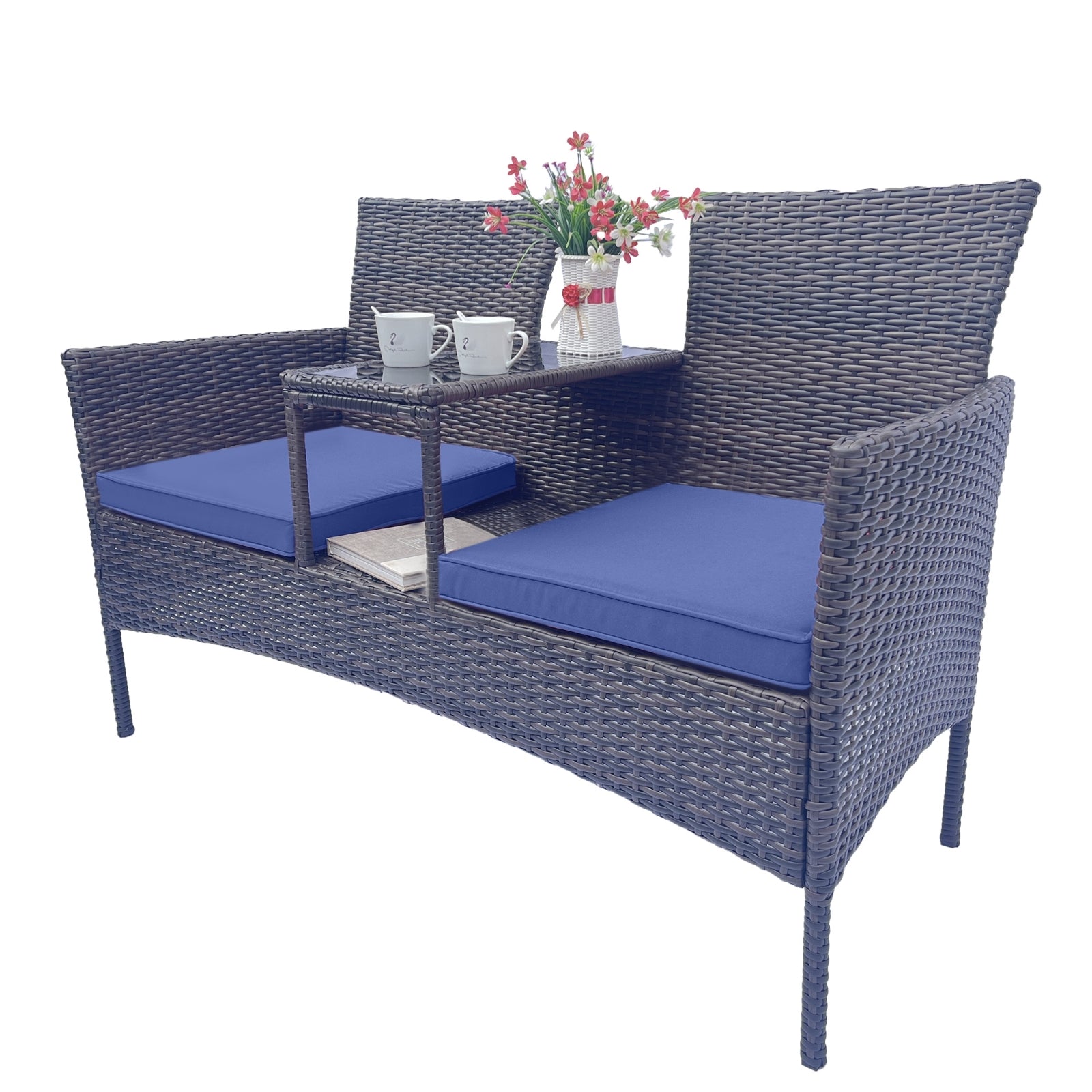 Wicker Patio Conversation Furniture Set, Outdoor Furniture Set with Removable Cushions & Table, Temp