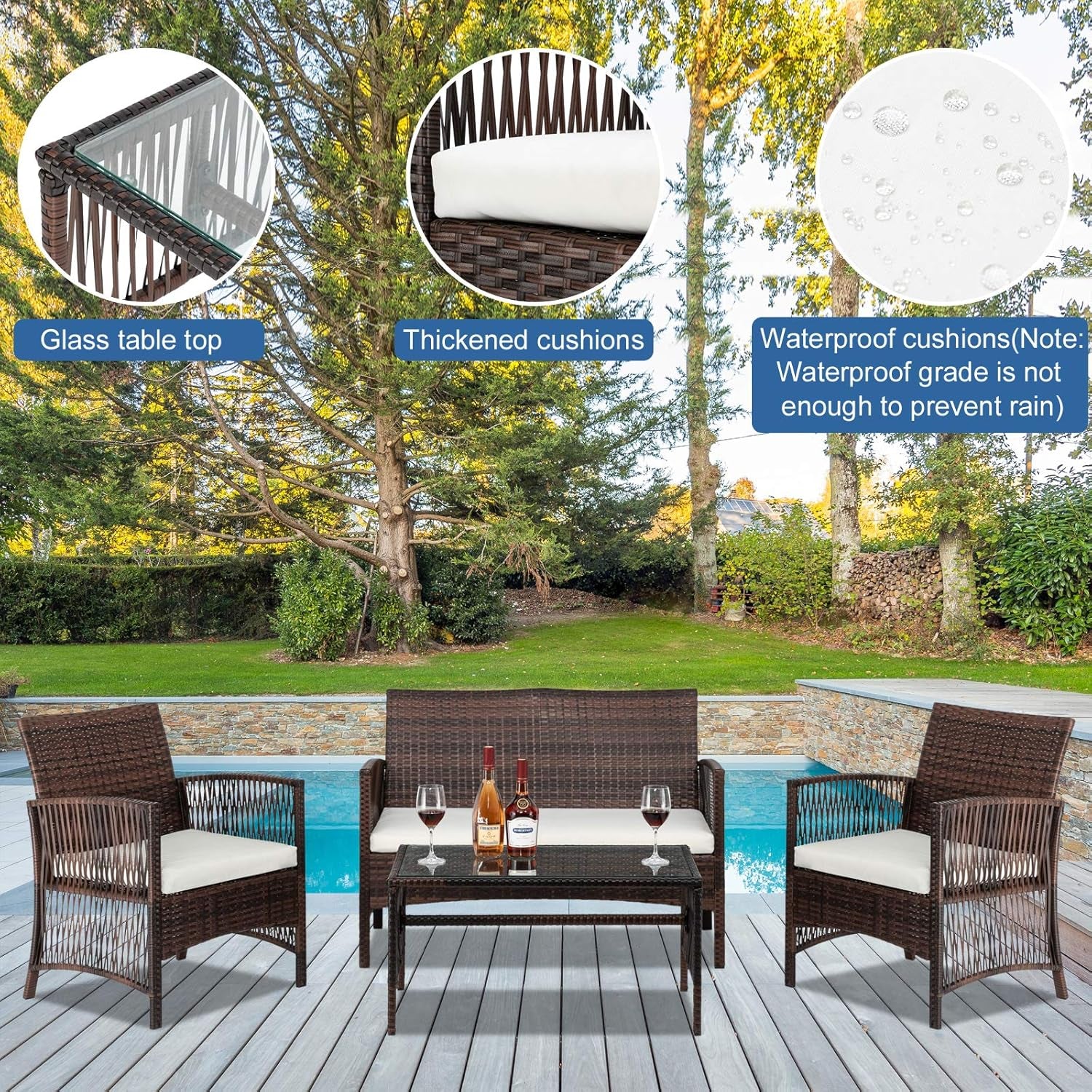 4 Pieces Patio Furniture Set Wicker Outdoor Conversation Set, Front Porch Furniture with Cushions Outdoor Furniture Sets for Yard, Garden,Poolside