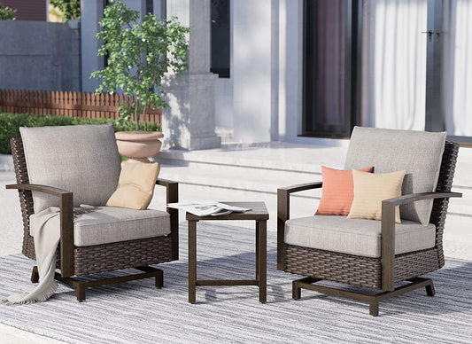 Outdoor 3-Piece Aluminum Conversation Furniture Sofa Set Wicker Stationary Rockers with Wood Grain Finish and Coffee Table, Removable Olefin Cushion Dark Brown