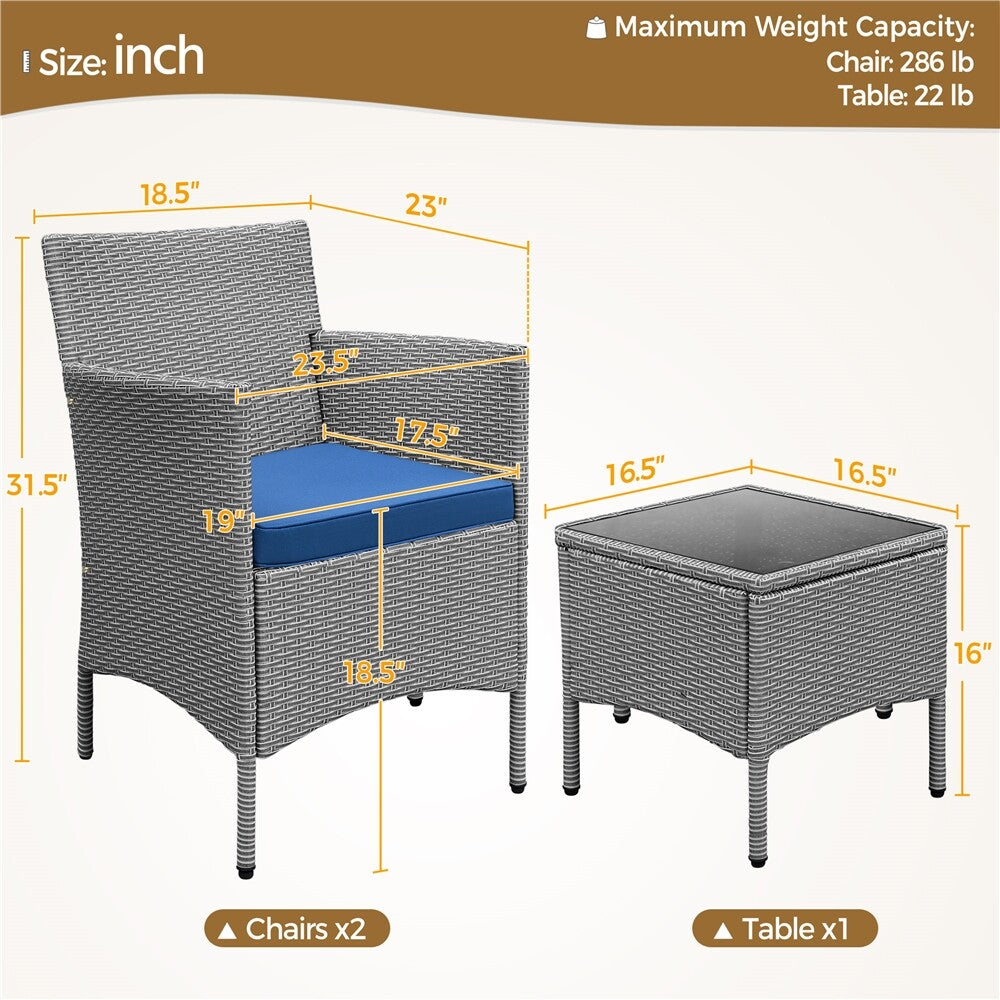 3-Piece Wicker Furniture Set,Outdoor Patio Conversation Furniture Set W/Cushions