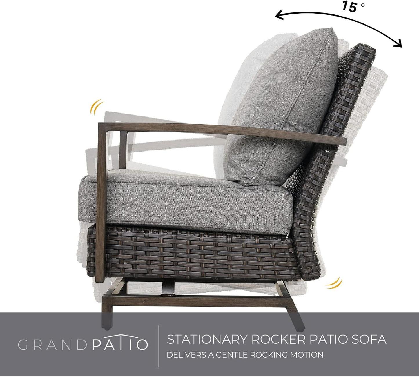 Outdoor 3-Piece Aluminum Conversation Furniture Sofa Set Wicker Stationary Rockers with Wood Grain Finish and Coffee Table, Removable Olefin Cushion Dark Brown