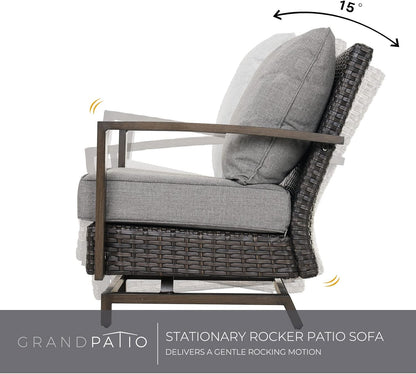 Outdoor 3-Piece Aluminum Conversation Furniture Sofa Set Wicker Stationary Rockers with Wood Grain Finish and Coffee Table, Removable Olefin Cushion Dark Brown