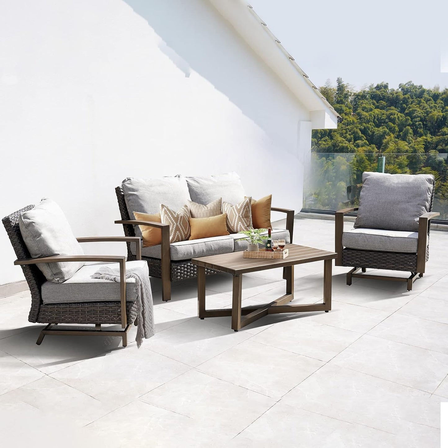 Outdoor 4-Piece Conversation Sofa Set All-Weather Wicker Furniture Sets with Coffee Table and 2 Glide Motion Rockers, Aluminum Frame with Wood Grain Finish, Dark Brown