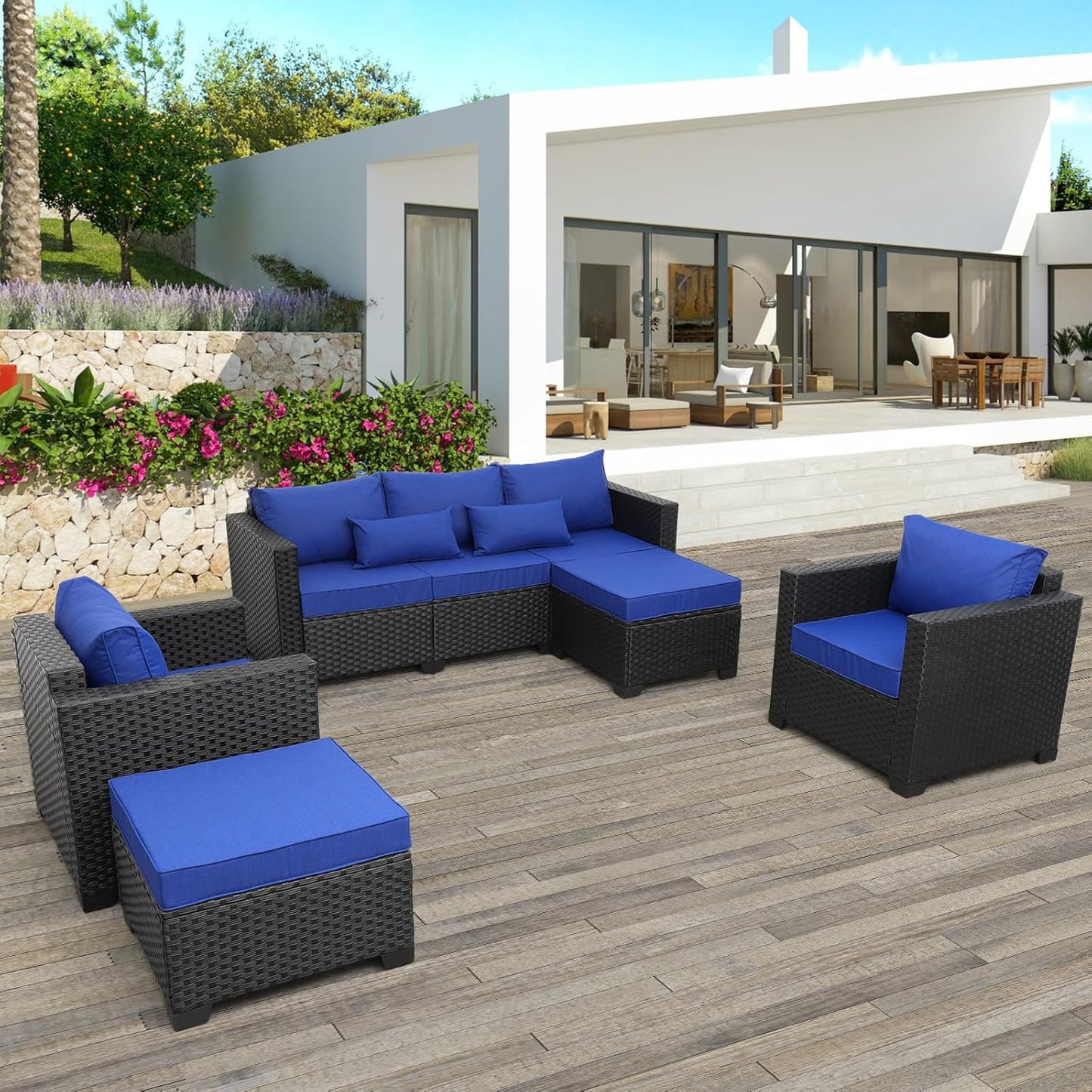 Royal Blue Wicker Furniture Couch Set - 5 Piece Patio Sectional with Cushions & Rattan Covers