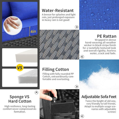 Royal Blue Wicker Furniture Couch Set - 5 Piece Patio Sectional with Cushions & Rattan Covers