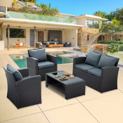 4 Piece Patio Furniture Outdoor Furniture Seasonal PE Wicker Furniture with Blue Cushions
