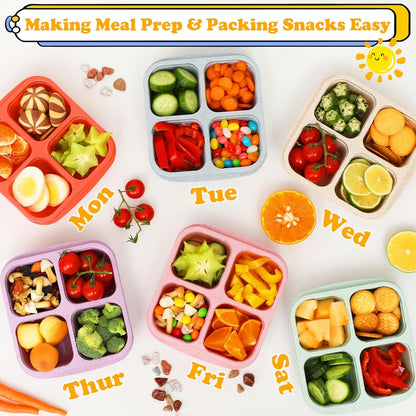 6 Pack Meal Prep Containers, 4 Compartment Bento Snack Boxes, Reusable Divided Lunch Box Containers for Adults, Kids, Toddlers, Travel, Work, School