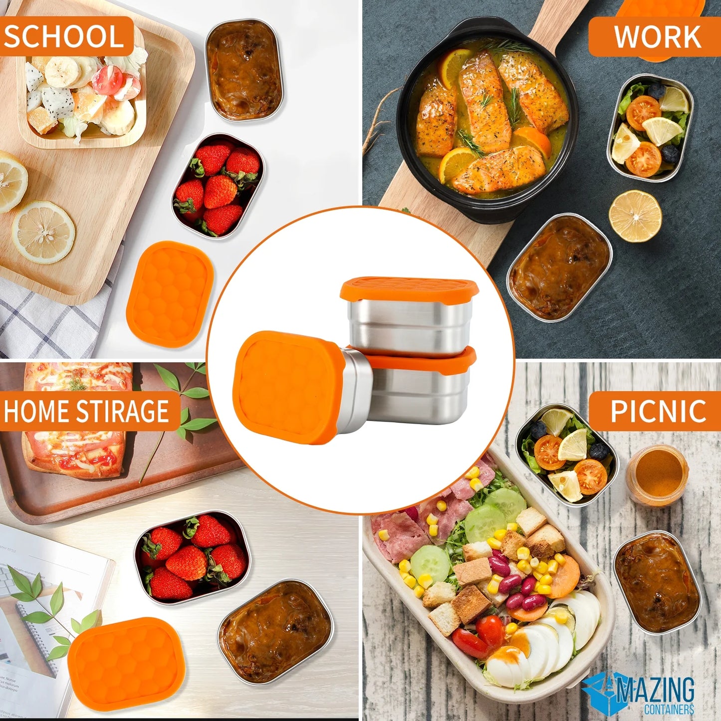 Stainless Steel Snack Containers for Toddlers and Kids, 8 Oz Leak Proof Food Storage Containers with Silicone Lids, Stackable & Reusable Small Metal Lunch Box for Daycare and School- 3 Packs