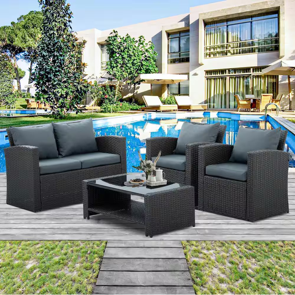 4 Piece Patio Furniture Outdoor Furniture Seasonal PE Wicker Furniture with Blue Cushions