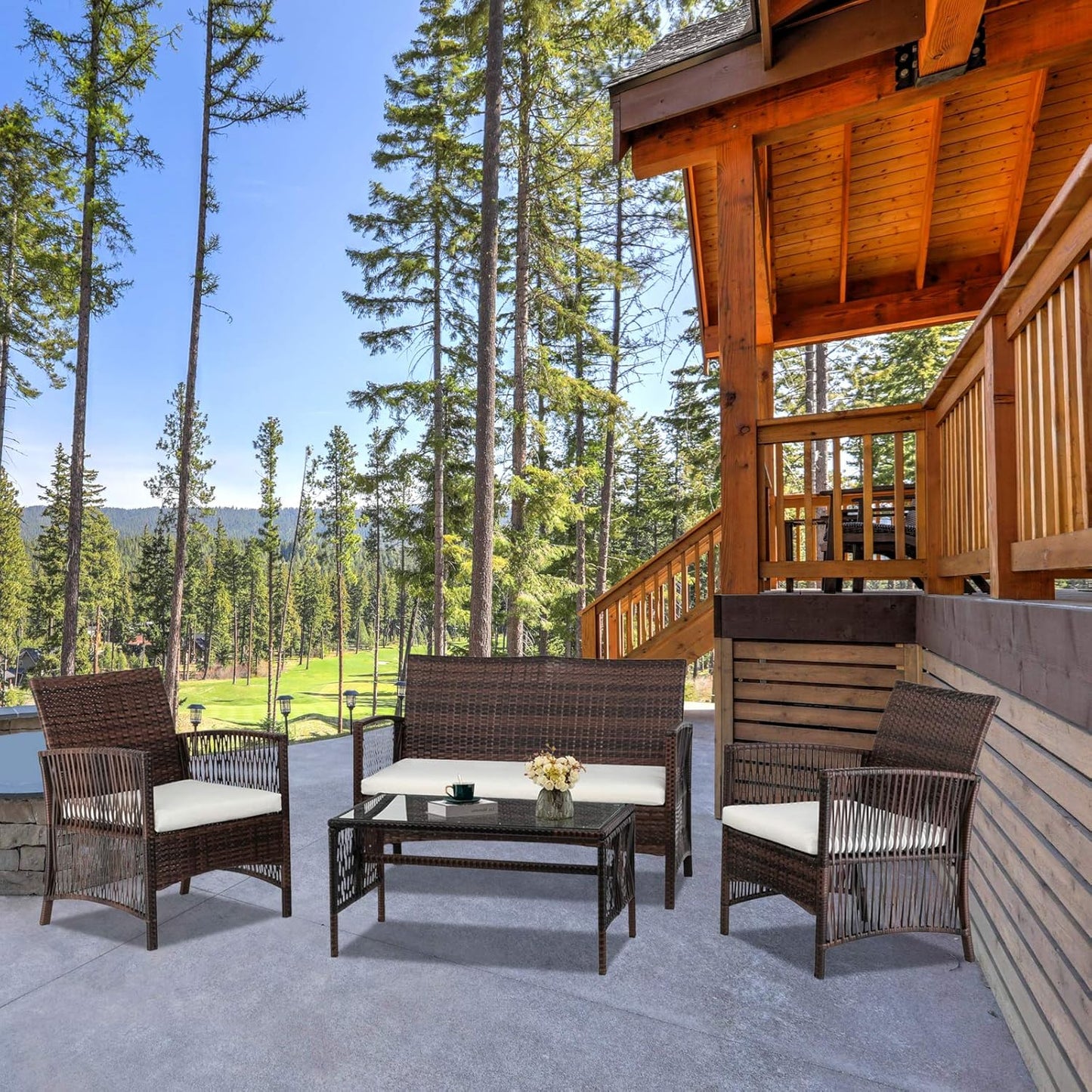 4 Pieces Patio Furniture Set Wicker Outdoor Conversation Set, Front Porch Furniture with Cushions Outdoor Furniture Sets for Yard, Garden,Poolside