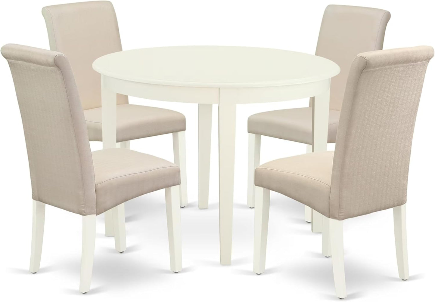BOBA5-WHI-01 5 Piece Modern Dining Table Set Includes a round Kitchen Table and 4 Cream Linen Fabric Parsons Dining Chairs, 42X42 Inch, Linen White