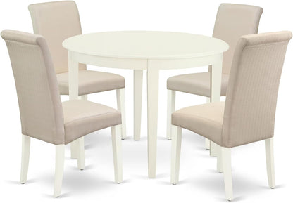 BOBA5-WHI-01 5 Piece Modern Dining Table Set Includes a round Kitchen Table and 4 Cream Linen Fabric Parsons Dining Chairs, 42X42 Inch, Linen White