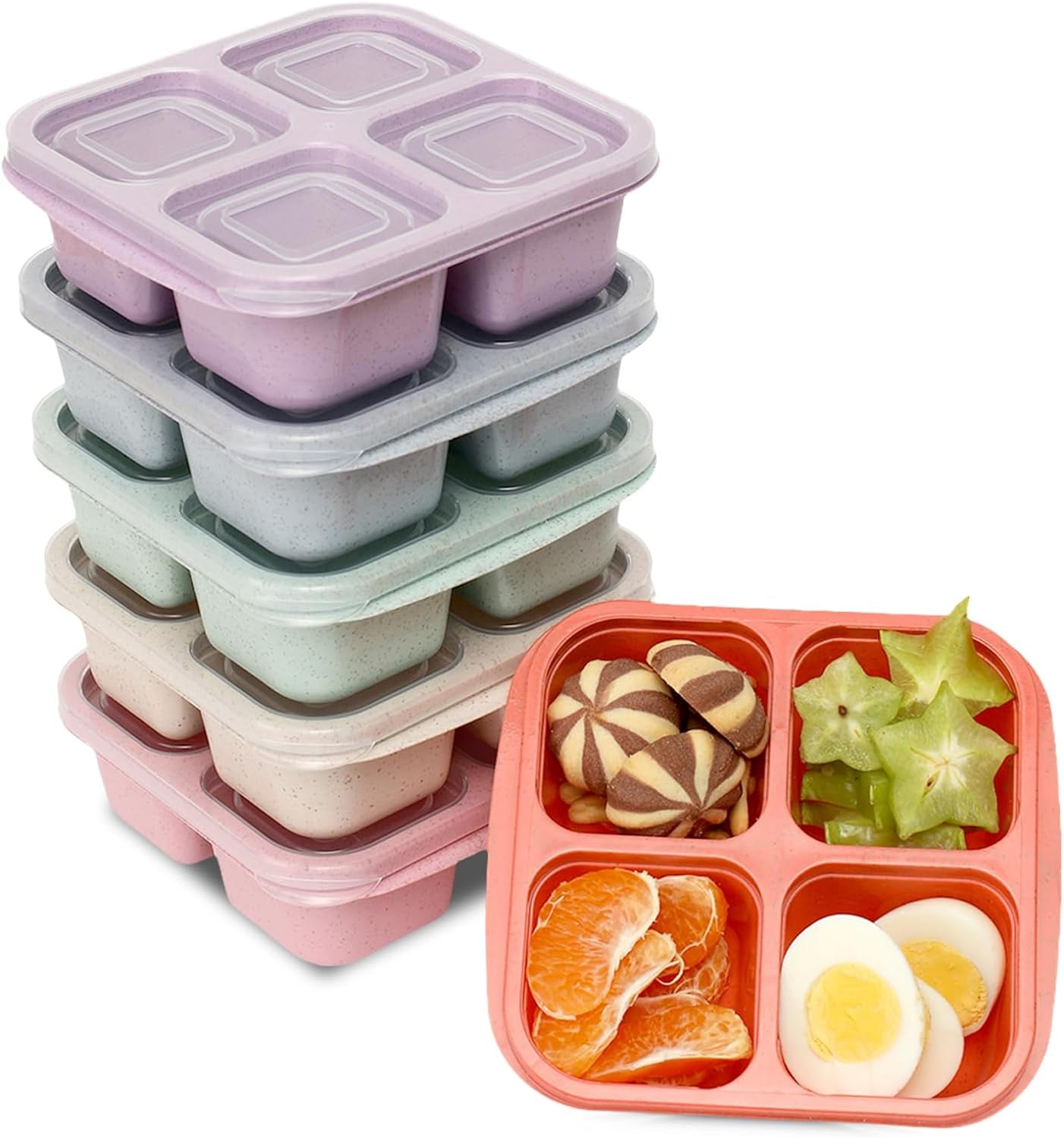 6 Pack Meal Prep Containers, 4 Compartment Bento Snack Boxes, Reusable Divided Lunch Box Containers for Adults, Kids, Toddlers, Travel, Work, School