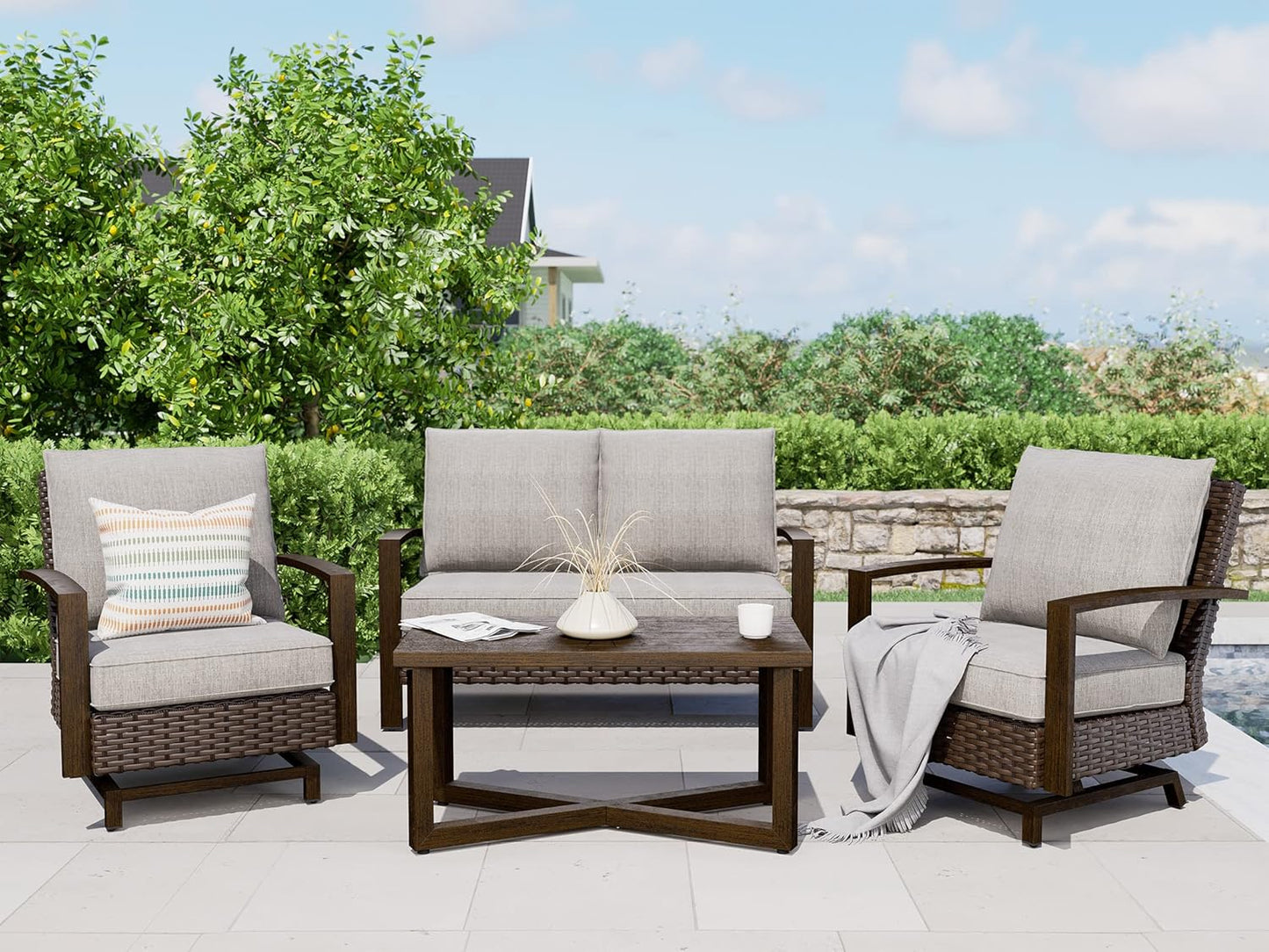 Outdoor 4-Piece Conversation Sofa Set All-Weather Wicker Furniture Sets with Coffee Table and 2 Glide Motion Rockers, Aluminum Frame with Wood Grain Finish, Dark Brown