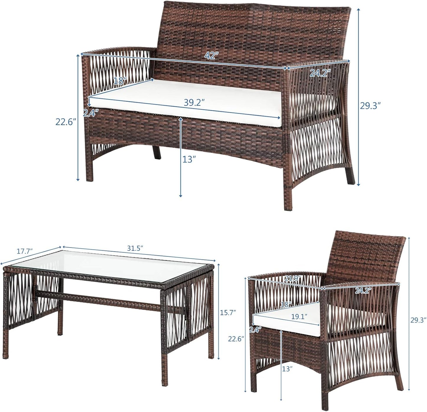 4 Pieces Patio Furniture Set Wicker Outdoor Conversation Set, Front Porch Furniture with Cushions Outdoor Furniture Sets for Yard, Garden,Poolside