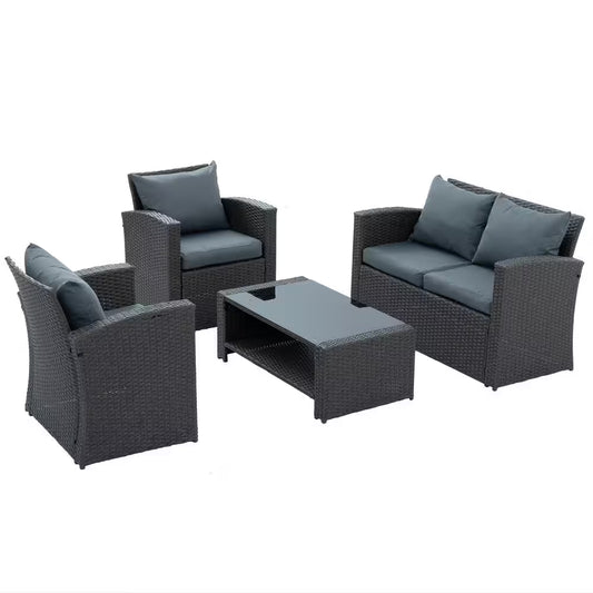 4 Piece Patio Furniture Outdoor Furniture Seasonal PE Wicker Furniture with Blue Cushions