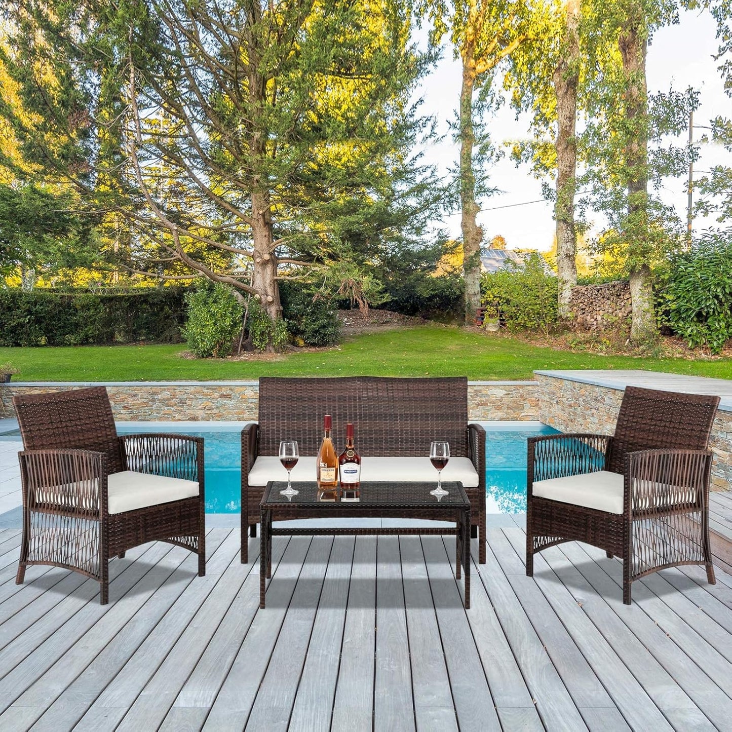 4 Pieces Patio Furniture Set Wicker Outdoor Conversation Set, Front Porch Furniture with Cushions Outdoor Furniture Sets for Yard, Garden,Poolside