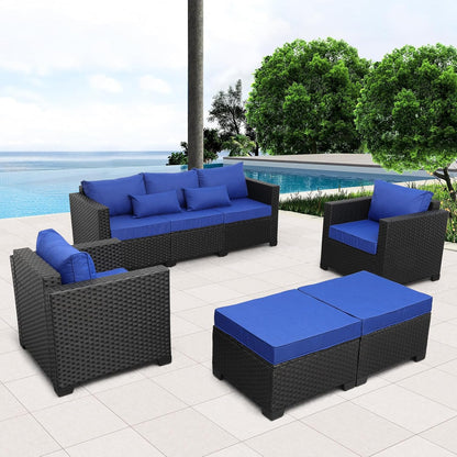Royal Blue Wicker Furniture Couch Set - 5 Piece Patio Sectional with Cushions & Rattan Covers