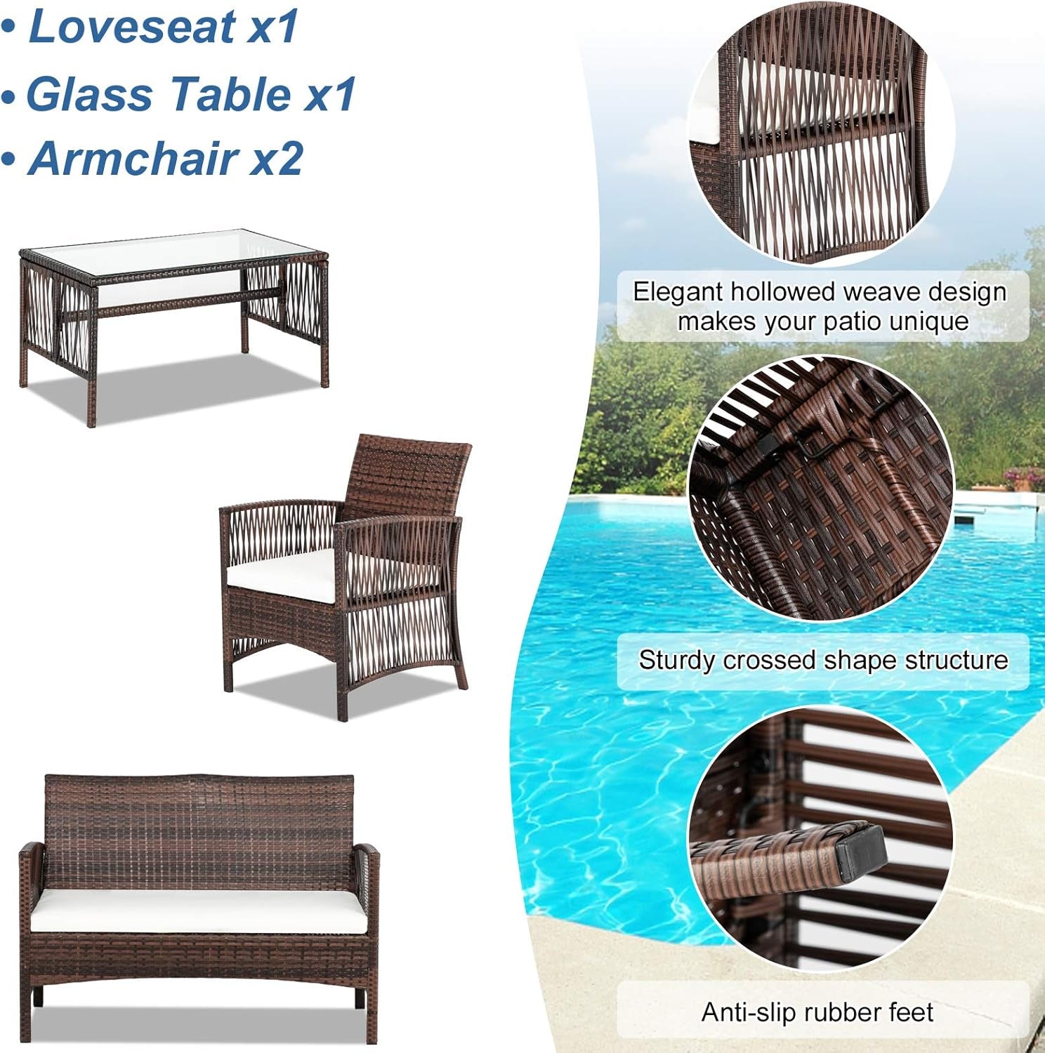 4 Pieces Patio Furniture Set Wicker Outdoor Conversation Set, Front Porch Furniture with Cushions Outdoor Furniture Sets for Yard, Garden,Poolside